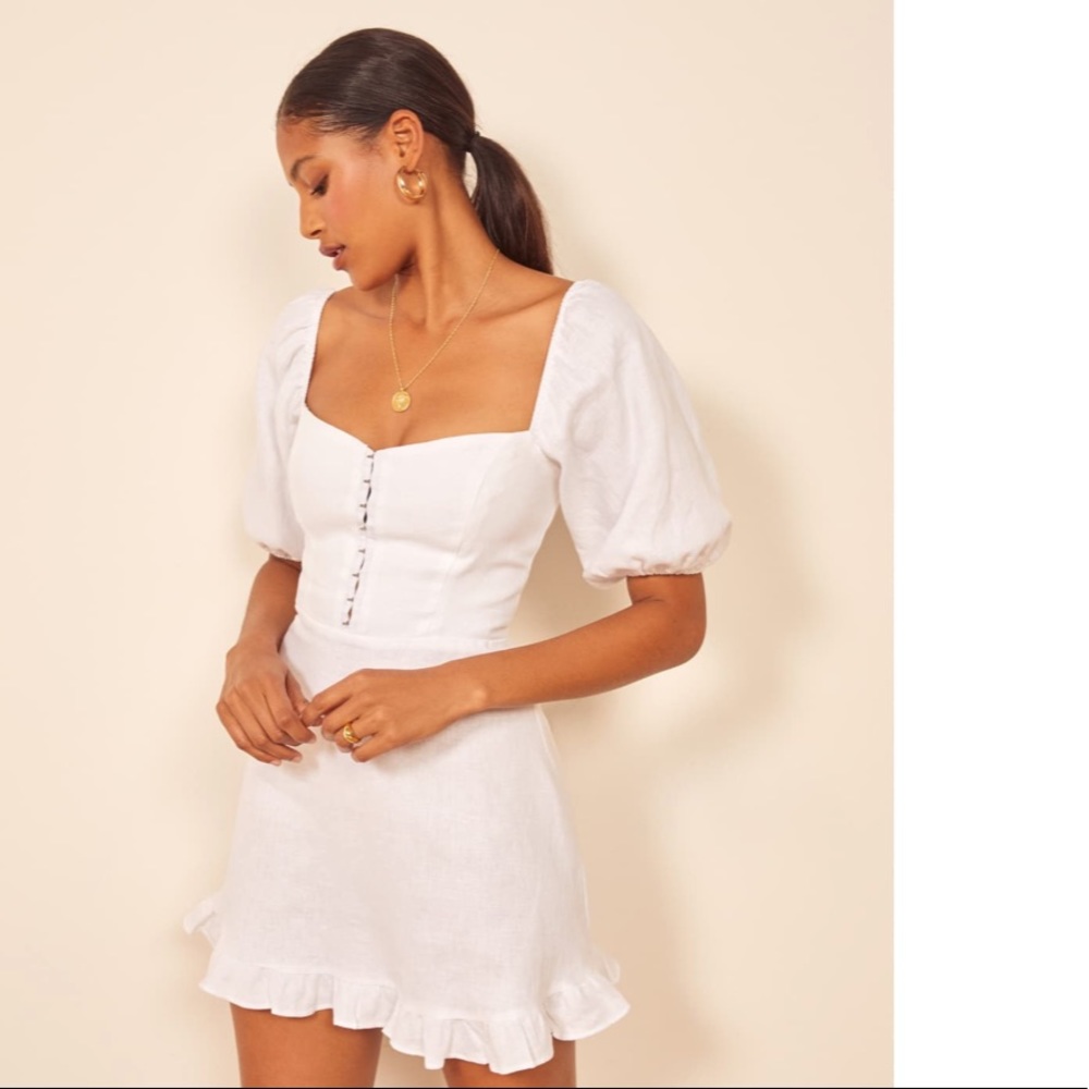 Reformation White Puff-Sleeve Ruffle Mini Dress